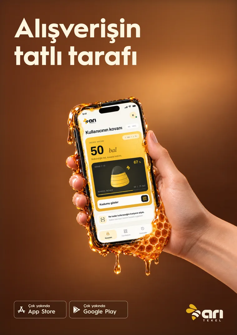 “Alışverişin tatlı tarafı” afişi: petek kılıflı telefonu tutan el, ekranda Kovan