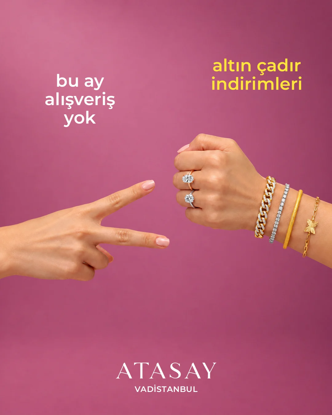Two hands playing rock, paper, scissors: the scissors say “no shopping this month”, a ringed fist says “golden tent discounts”