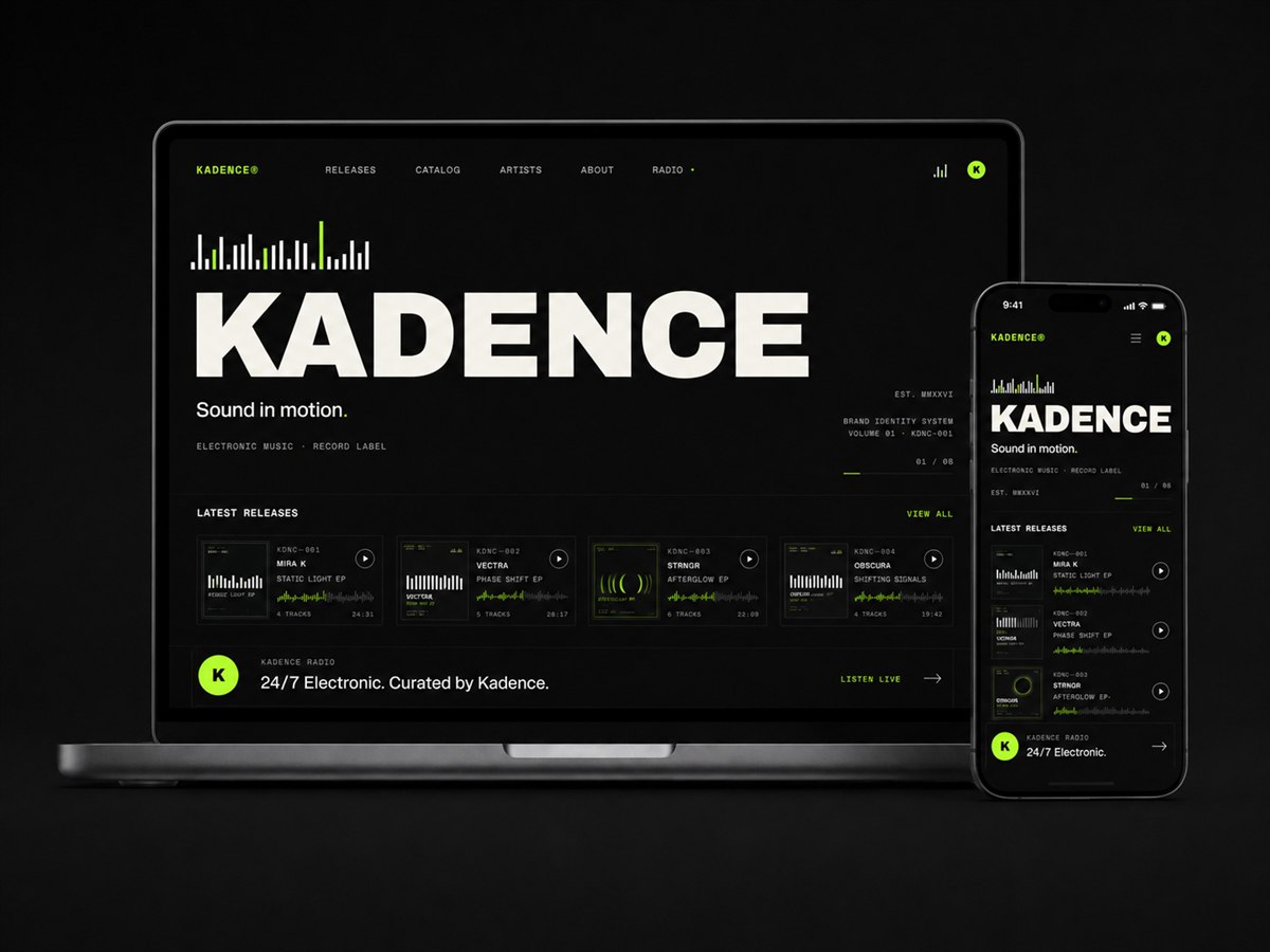 KADENCE web sitesi masaüstü ve mobil görünümü