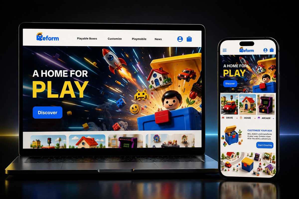 REFORM web sitesi ve mobil görünümü: A Home for Play